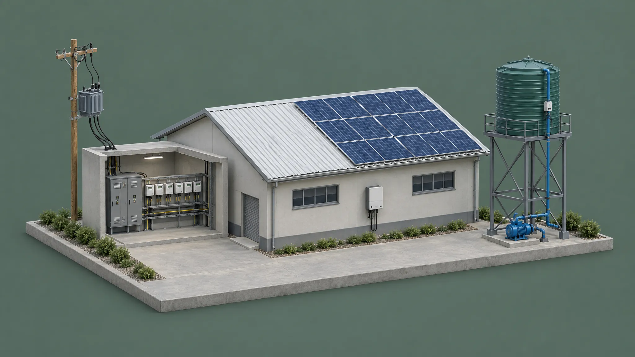 Illustration of a small facility: an electrical switch room with smart meters beside a utility pole, a factory hall with solar panels on its roof, and an elevated water tank with a pump.