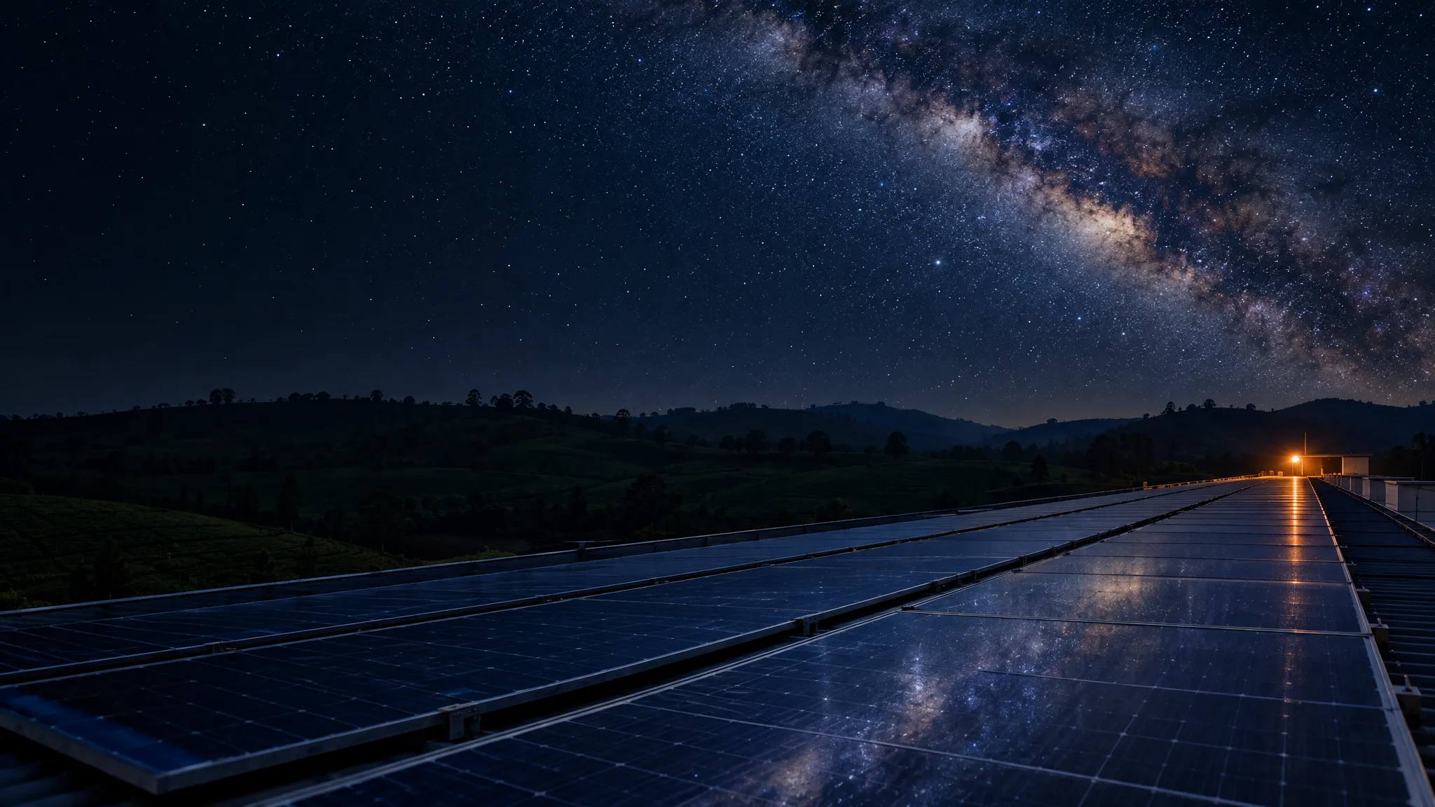 Rows of rooftop solar panels at night under the Milky Way, with tea hills on the horizon.